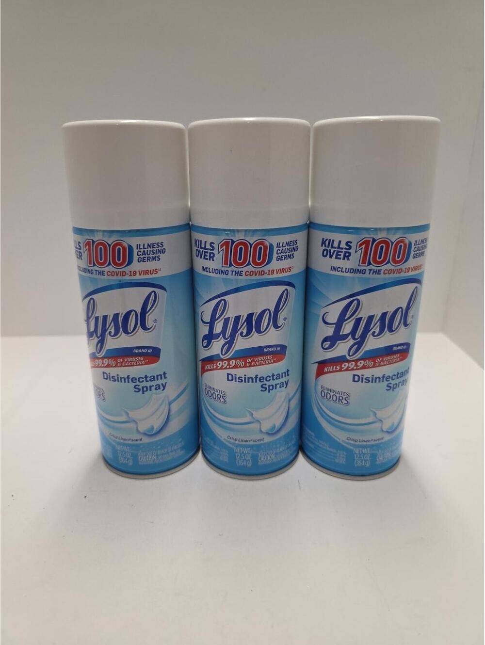 Set Of 3 NEW Lysol Disinfectant Spray 12.5 Oz Crisp Linen Scent Kills Bacteria